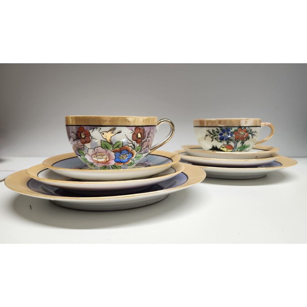 Porcelain Hand Painted Lusterware Tea Cups Saucers Plates Japan Mismatched Set